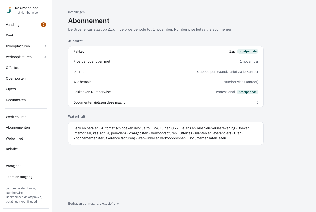 Abonnement met onder Je pakket het pakket, de proefperiode, de prijs daarna en wie betaalt
