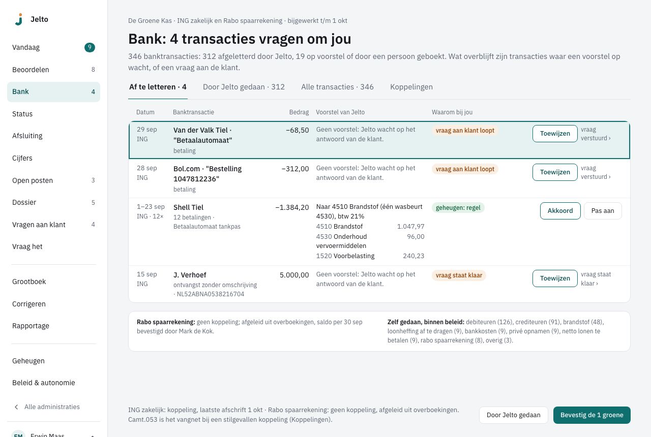 Bank, tab Af te letteren, met transacties zonder voorstel en de knoppen Toewijzen en Akkoord