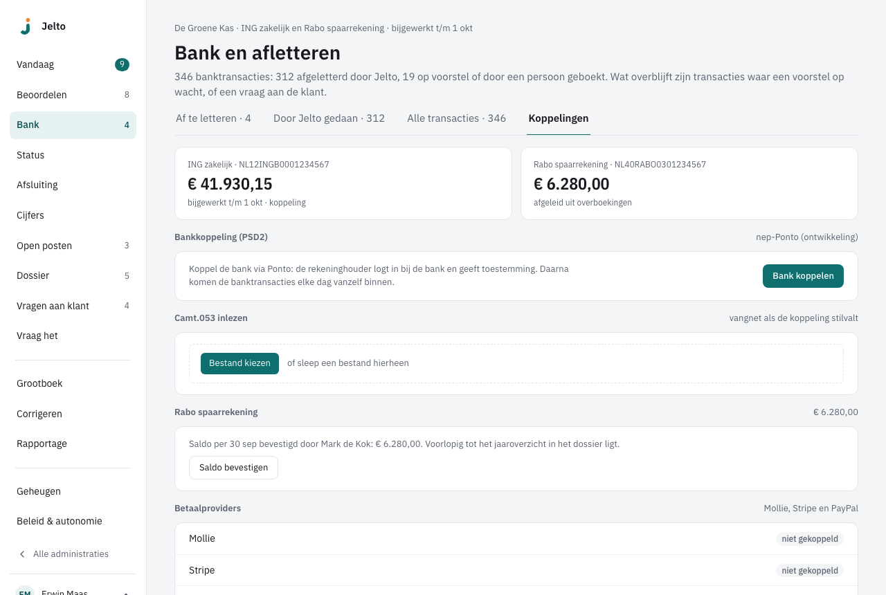Bank, tab Koppelingen, met onder Bankkoppeling (PSD2) de knop Bank koppelen