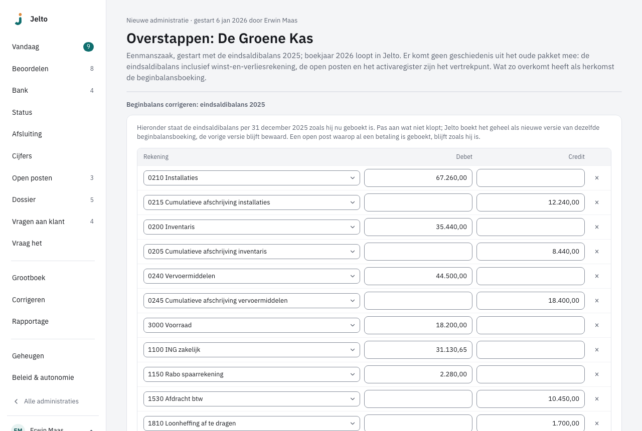 Beginbalans corrigeren met per rekening het geboekte saldo bij Debet of Credit