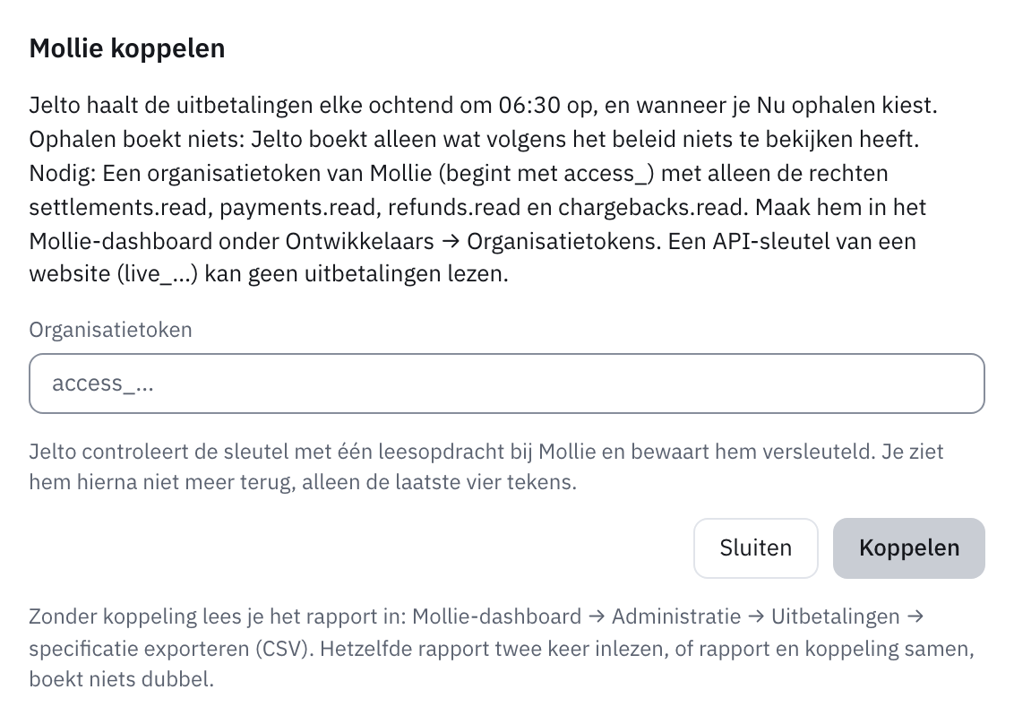 Venster Mollie koppelen met uitleg over de sleutel en het veld Organisatietoken