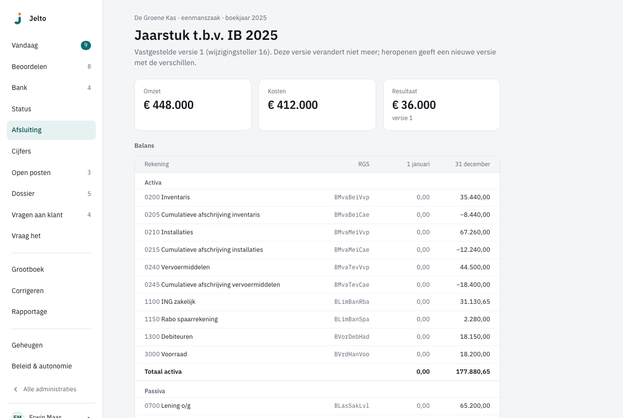 Jaarstuk t.b.v. IB 2025, versie 1, met omzet, kosten en resultaat en de balans met RGS-codes