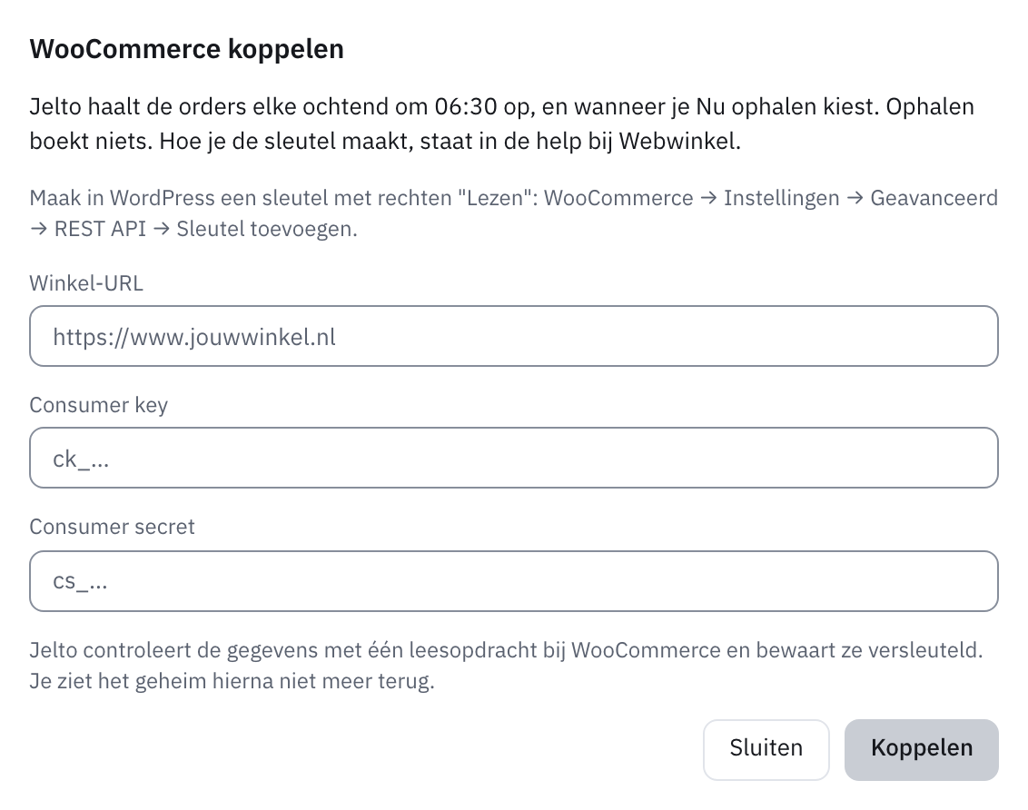 Venster WooCommerce koppelen met de velden Winkel-URL, Consumer key en Consumer secret