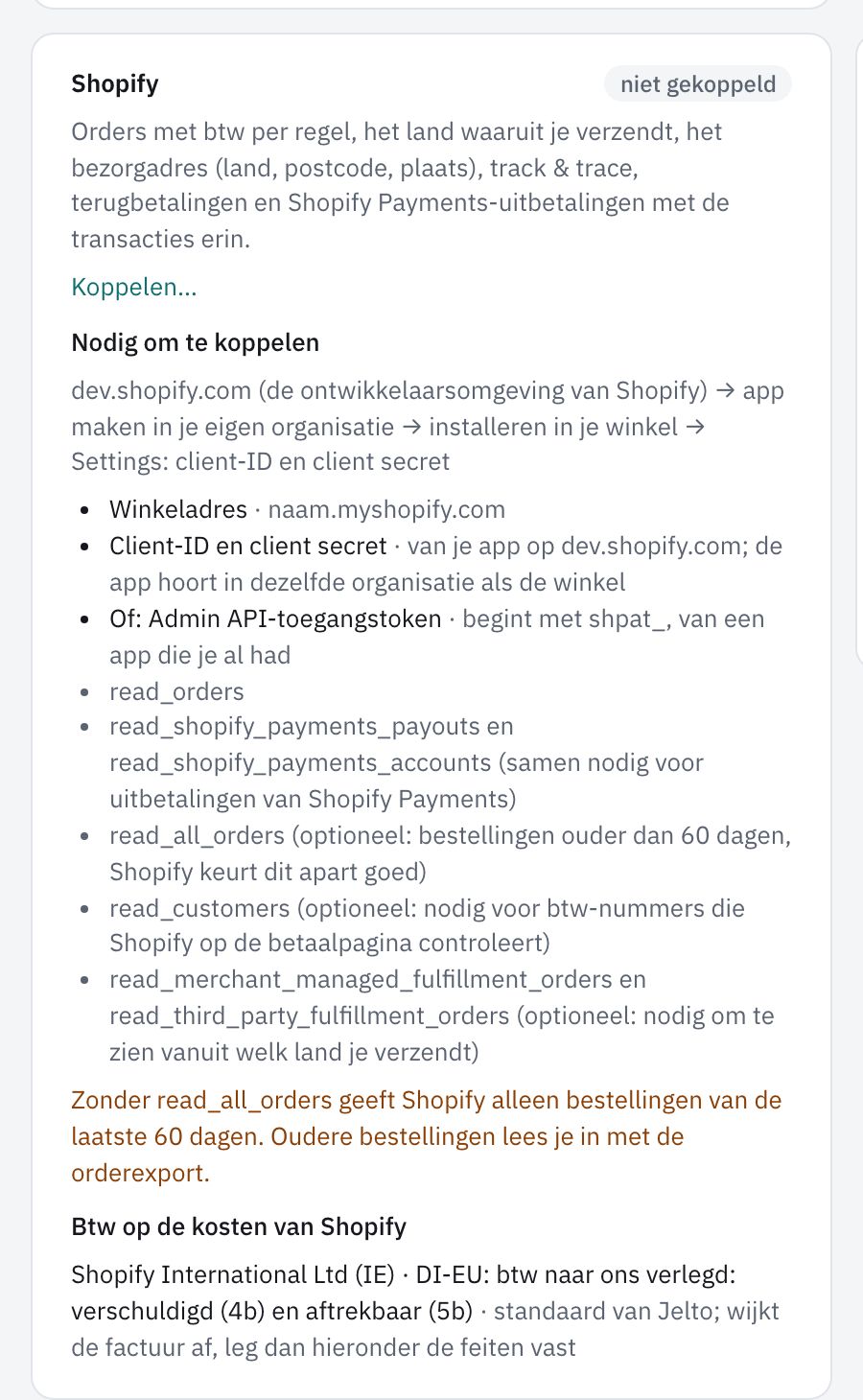 De kaart van Shopify onder Verkoopkanalen koppelen, met de link Koppelen…