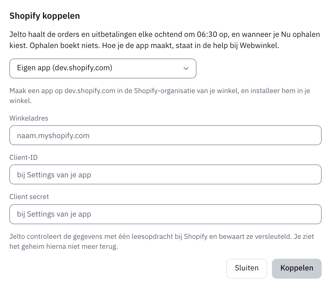 Venster Shopify koppelen met de velden Winkeladres, Client-ID en Client secret