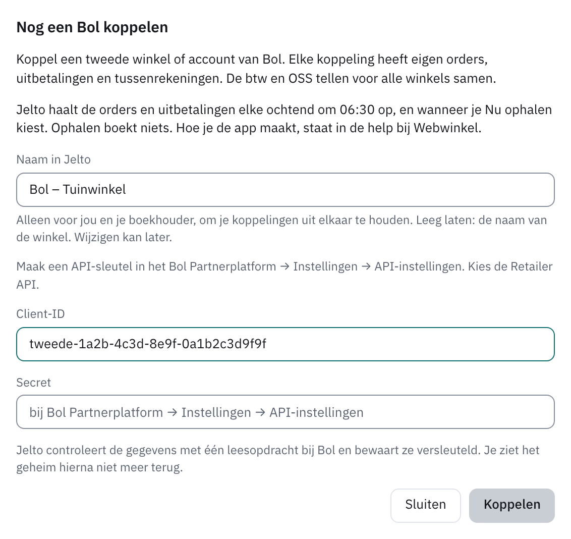 Venster Nog een Bol koppelen met de naam in Jelto, de client-ID en het secret