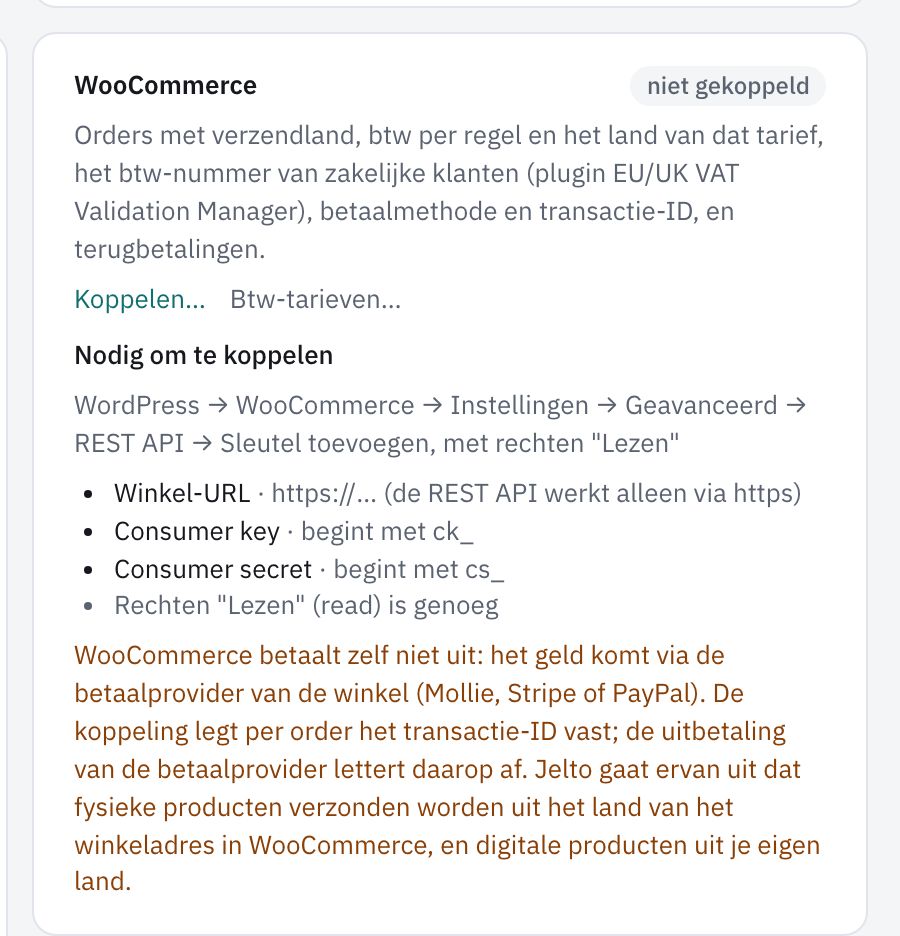 De kaart van WooCommerce onder Verkoopkanalen koppelen, met de link Koppelen…