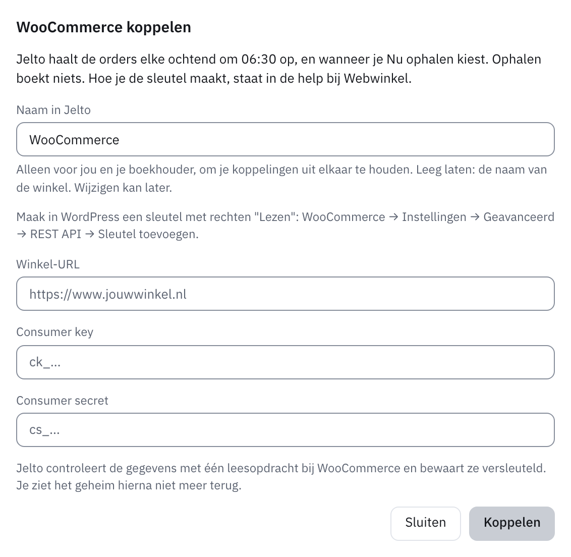 Venster WooCommerce koppelen met de velden Winkel-URL, Consumer key en Consumer secret