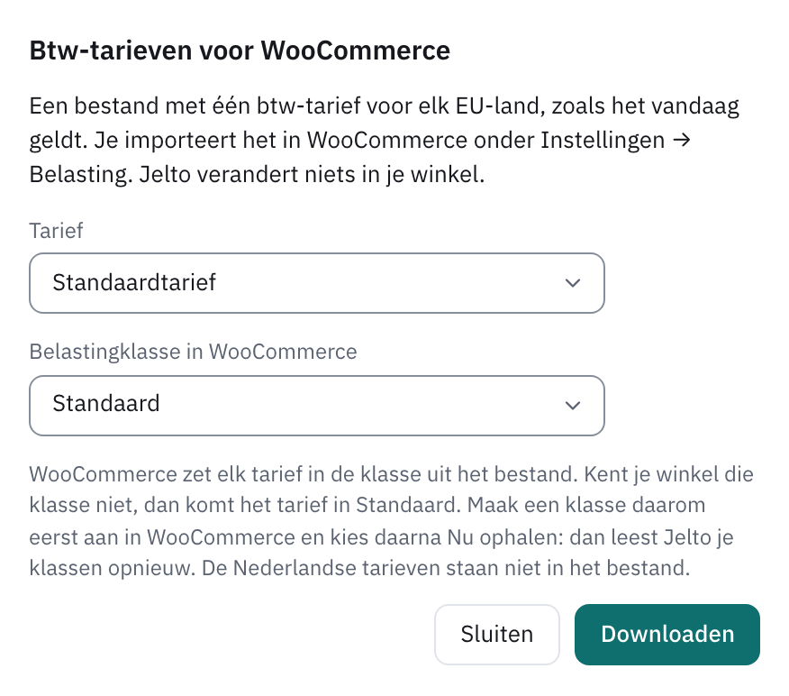 Venster Btw-tarieven voor WooCommerce met de keuze voor het tarief en de belastingklasse